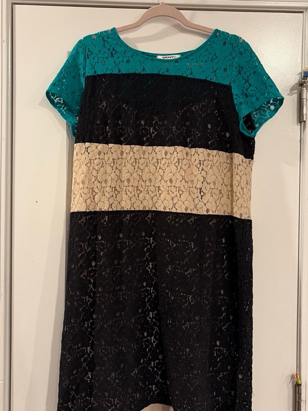 DKNY Teal, Black & Cream Lace Colorblock Midi Dress